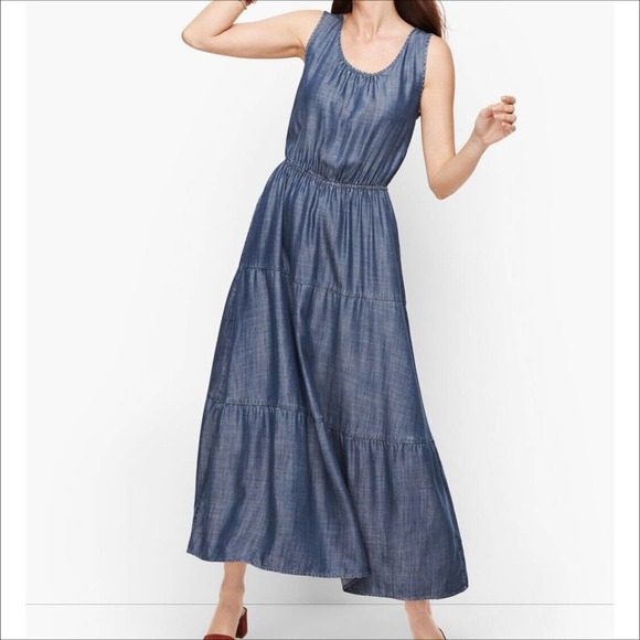 Talbots Blue Denim Tiered Jumper Maxi Dress Sleeveless Blue 6 Modest New - Picture 1 of 9